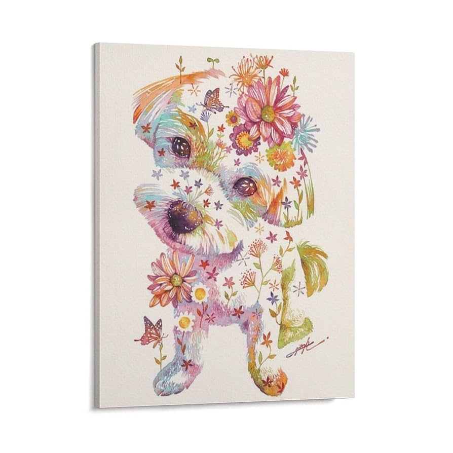 Amazon.co.jp: 絵画 色とりどりの花を持つ白い犬インテリア 絵画